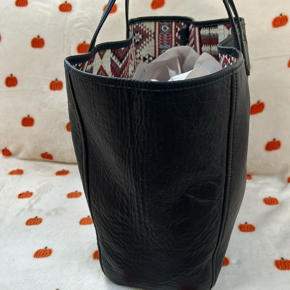 Hobo Tote Shoulder Bag Black Leather Aztec Tribal Fabric Lined Reversible